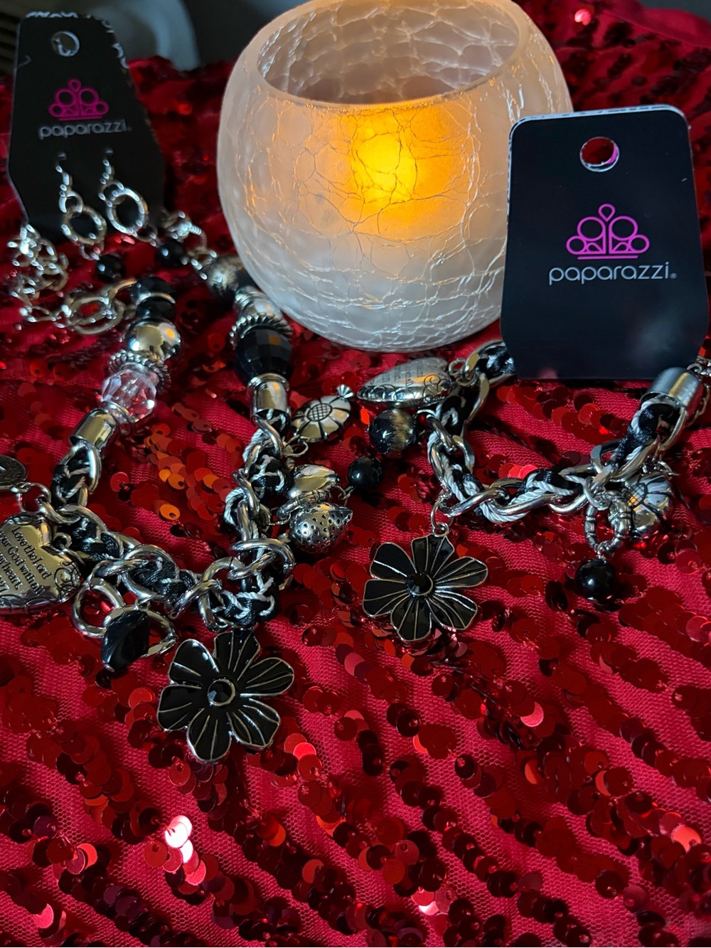 paparazzi Black Floral Charm Chain Bracelet and necklace with Silver-Tone Accent